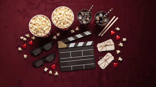 Movie night concept with popcorn clapperboard 3d glasses and cola drinks on a dark red background