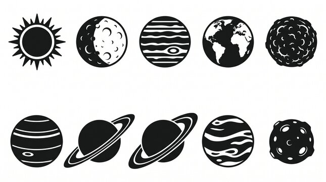 Create a premium solar system and celestial bodies icon collection featuring 10 modern minimalist space icons in a clean flat vector silhouette style. Design each icon using bold solid black fills, sm