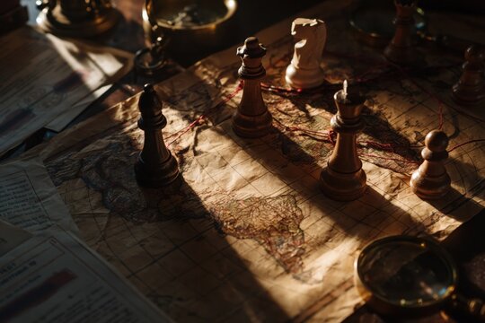 Chess globe with military pieces positioned above an ancient map showing various locations during a strategic game played in dim light