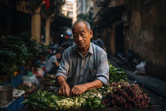 Elderly street vendor arranges fresh flowers in a busy market during the late afternoon