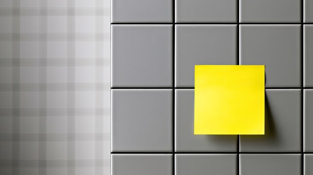 A bright yellow square note adheres to a grid of gray tiles, with a subtle plaid background