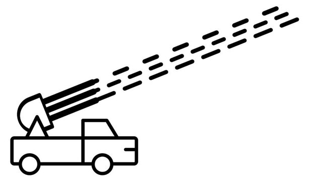 This icon illustrates a military rocket launcher vehicle firing missiles representing defense artillery systems and military equipment