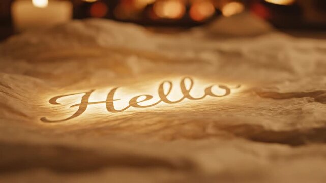 The word Hello written in glowing light on crumpled textured paper background.