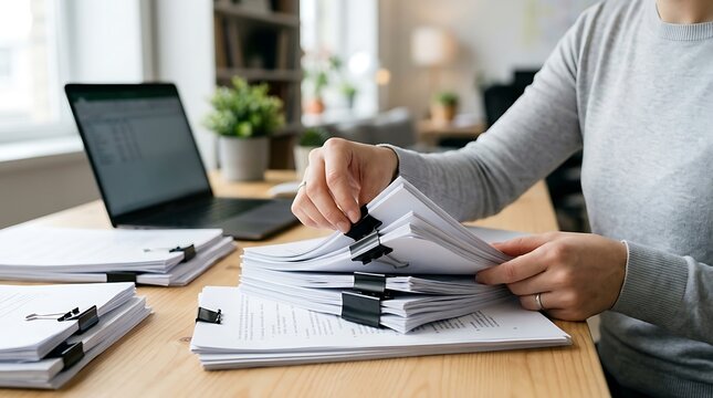 Business woman organizing stack of paper documents with black binder clips on a wooden office desk with a laptop computer in a bright modern workplace for professional administrative tasks