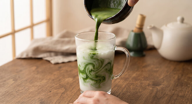 Vibrant Green Matcha Latte Pouring into Glass with Swirls