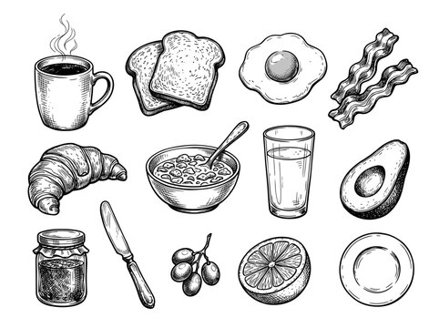 Breakfast food set doodle sketch vector illustration, hand drawn black ink isolated elements