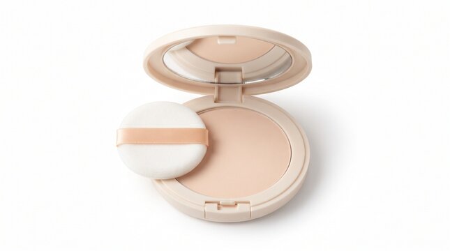 compact pressed powder case isolated on clean background representing everyday beauty cosmetics, face makeup and premium cosmetic packaging concept