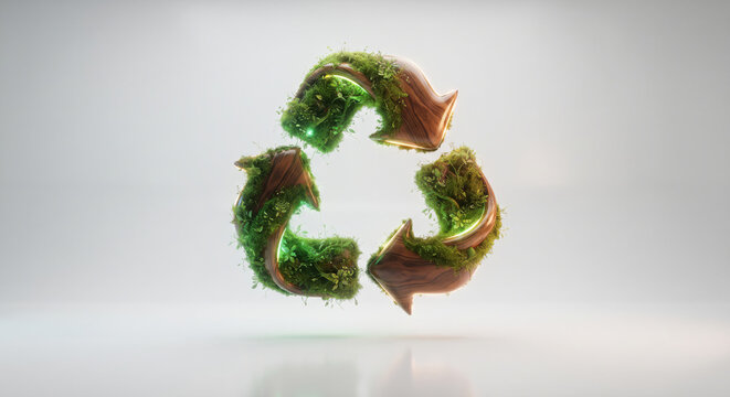 Glowing Recycling Symbol Made of Moss and Wood Textures