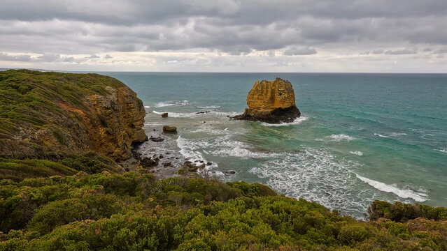 Rugged Coastal Cliffs and Sea Stack Along Great Ocean Road