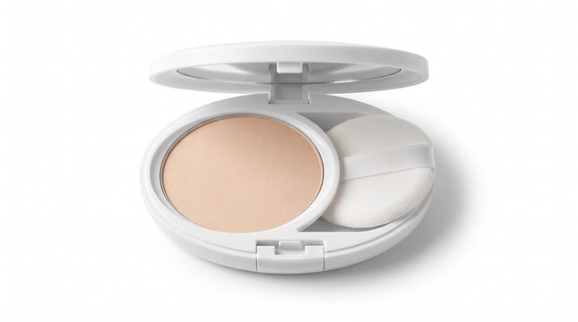 open compact pressed powder case with mirror isolated on clean background representing everyday beauty cosmetics, face makeup and premium cosmetic packaging concept