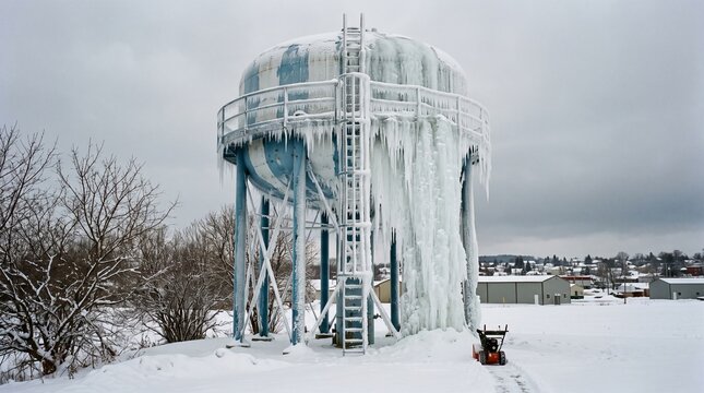 Frozen blue water tower covered in massive icicles during winter storm