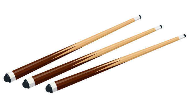 Three Wooden Pool Cues Isolated on White Background