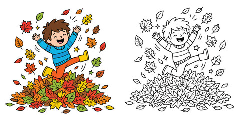 Fototapeta premium Cartoon boy jumping into a pile of autumn leaves