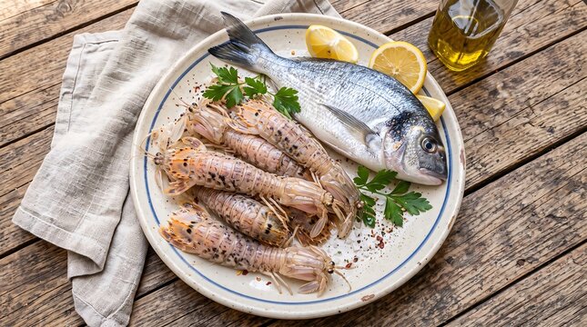 Fresh raw mantis shrimp and whole sea bream fish on a rustic plate with lemon and herbs on wooden table