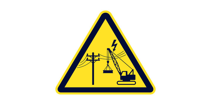 Crane and power line electrical hazard warning sign triangle
