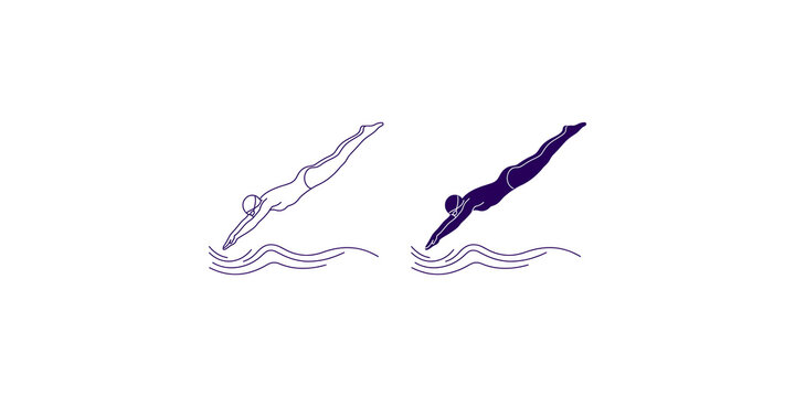 Swimmer diving into water outline and solid silhouette icon isolated on transparent background