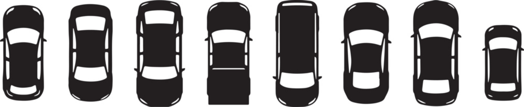 Top view set of modern car silhouettes for architectural site plans urban traffic mapping and parking lot design. silhouette vector illustration