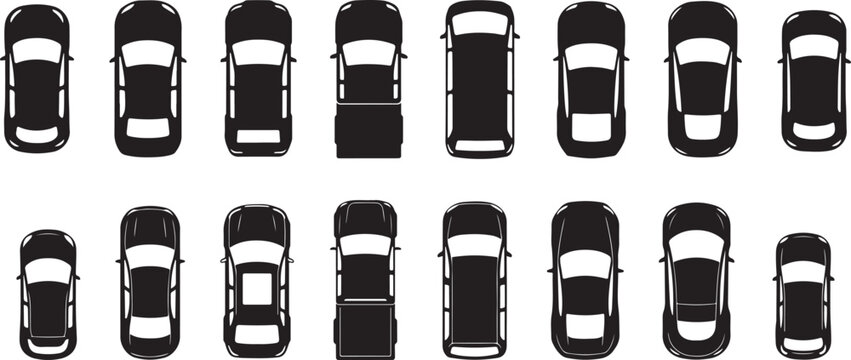Top view set of modern car silhouettes for architectural site plans urban traffic mapping and parking lot design. silhouette vector illustration