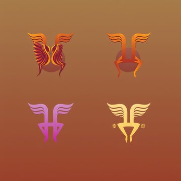 Four stylized winged logos in different colors displayed on a gradient brown background image design