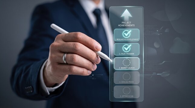 Business professional using holographic interface to track project achievements, R&D progress, pilot program and market launch strategy in modern corporate office environment.
