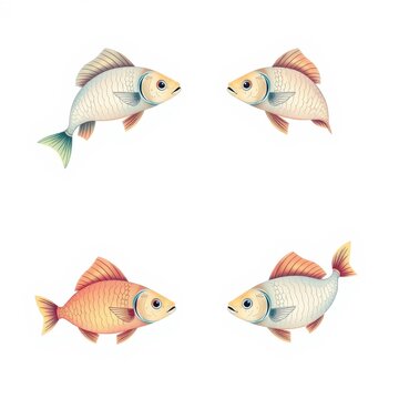 Four colorful fish illustration with white background arranged in a square formation facing inwards
