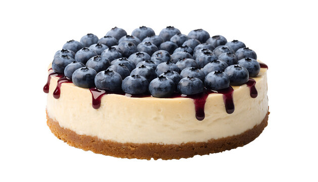 Creamy baked cheesecake topped with fresh blueberries and glossy berry glaze, realistic creamy texture, isolated on transparent background