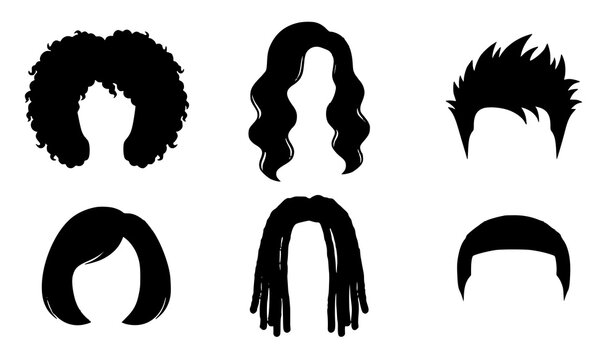 Minimal Black Hair Style Silhouette Vector Icons Featuring Six Diverse Haircuts Collection