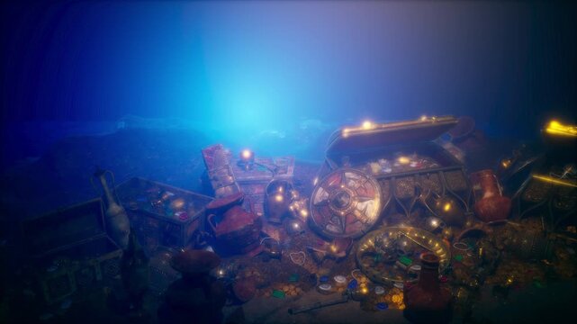 Camera Orbiting Golden Treasure Hoard in Dark Cave with Blue Light