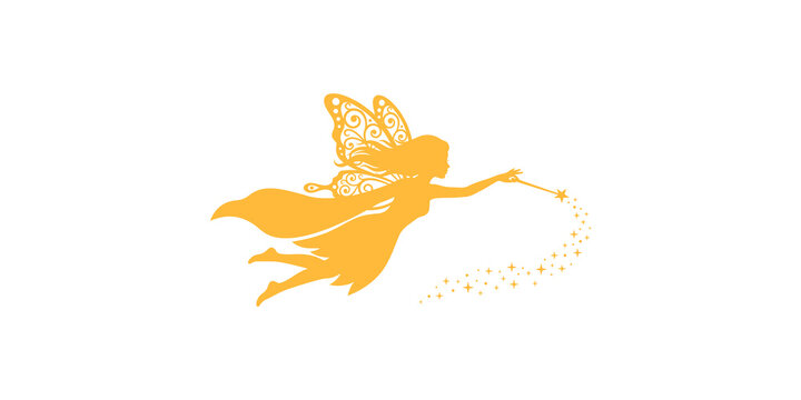 Flying Fairy Silhouette with Magic Wand and Sparkles Gold Graphic Element Isolated PNG Transparent Background