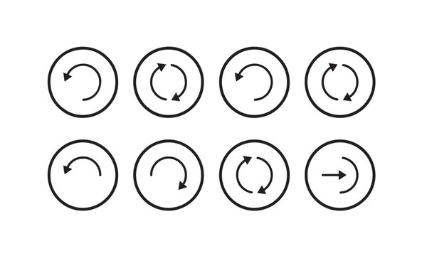 Circle icons collection with rotation arrows for undo redo and page reload interface functions.