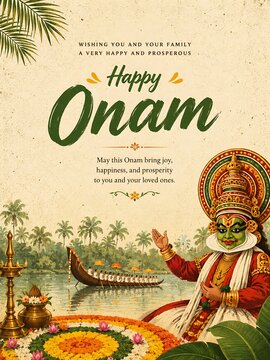 Happy Onam Festival Social Media Poster Collection Featuring Kerala Traditions, Houseboat, Pookalam and Kathakali