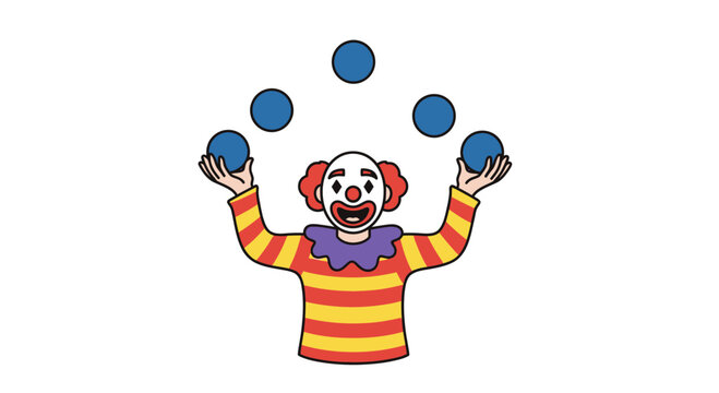 Happy Clown Juggling Five Blue Balls in the Air, Circus Performance