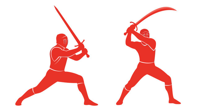 Two warriors in red silhouette fighting with swords, dynamic action pose