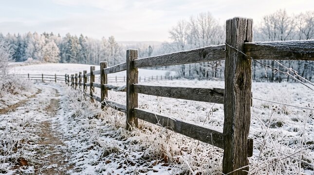 Rustic wooden fence along snowy path in frozen winter countryside