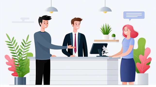 Man and woman interacting with receptionist at a modern office reception desk with plants and bright lighting symbolizing service and welcome