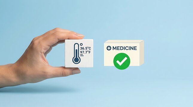 Hand holding thermometer cube next to medicine box with checkmark white