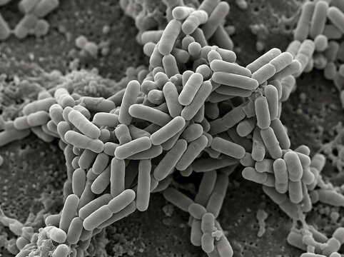 Photorealistic electron microscopy style visualization of Lactobacillus probiotic bacteria displaying elongated rod shaped cells with smooth cylindrical membranes arranged in natural clusters scientif