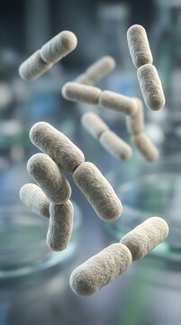 Hyper realistic microbiology illustration featuring Lactobacillus probiotic bacteria with authentic bacillus morphology detailed cellular textures smooth cell surfaces premium biomedical scientific vi