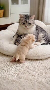 Protective mother cat gently grooming a tiny puppy and her own small kitten in a soft white bed motion video footage showing a heartwarming animal bonding scene in bright light