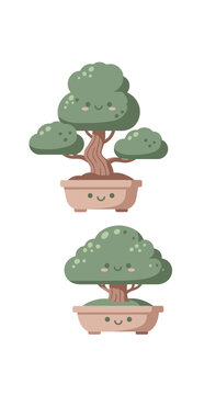 Cute Kawaii Bonsai Trees Duo, Adorable Cartoon Style, Green Foliage in Pots