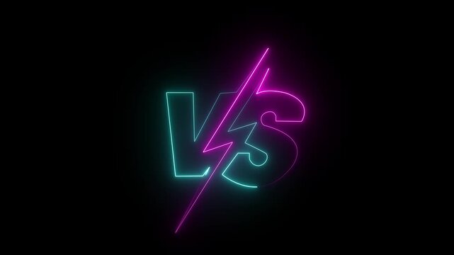 Neon versus battle screen with two glowing green letters v and s and a vibrant pink lightning bolt separating them animated against dark . 4k video 