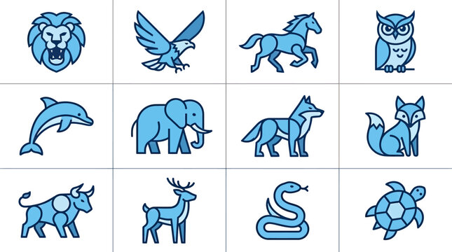 Set Of Blue Geometric Animal Icons On A White Background
