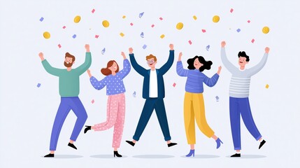 Obraz premium Diverse group of five people celebrating with confetti in a bright studio setting representing success and joy