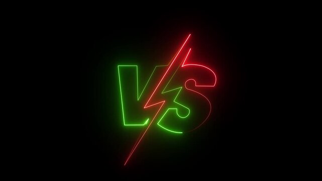 Neon versus battle screen with two glowing green letters v and s and a vibrant pink lightning bolt separating them animated against dark . 4k video 