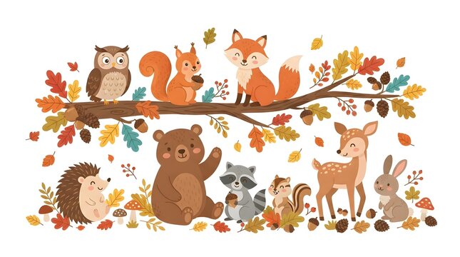 A cute watercolor illustration featuring woodland animals celebrating a happy thanksgiving with autumn leaves and forest elements perfect for seasonal greeting cards and festive designs