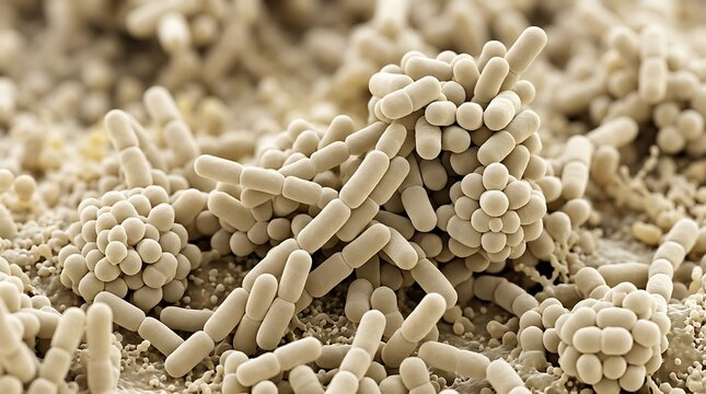 Ultra realistic microscopic photograph of Lactobacillus bacteria highly detailed rod shaped probiotic bacteria arranged in short chains and compact clusters scientifically accurate microbiology visual