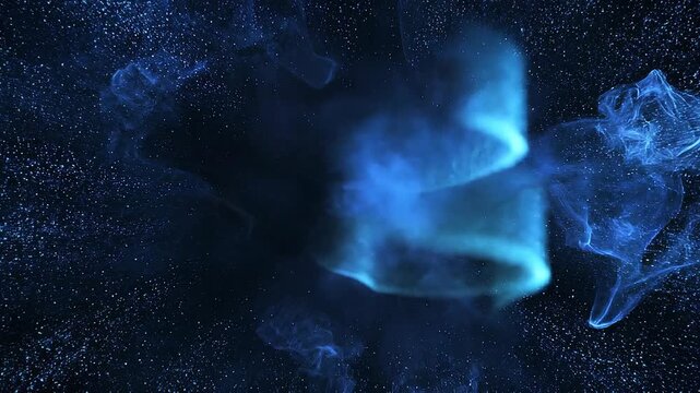 Abstract blue energy explosion with glowing particles and cosmic light effect in dark space background