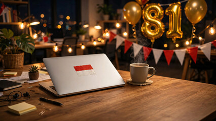 Fototapeta premium Cozy nighttime workspace with laptop, coffee, festive lights, and Indonesian red and white Independence Day decorations.