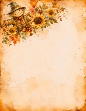 A charming watercolor painting depicts a friendly scarecrow surrounded by vibrant sunflowers and autumn leaves, creating a warm and festive border on a vintage parchment background.