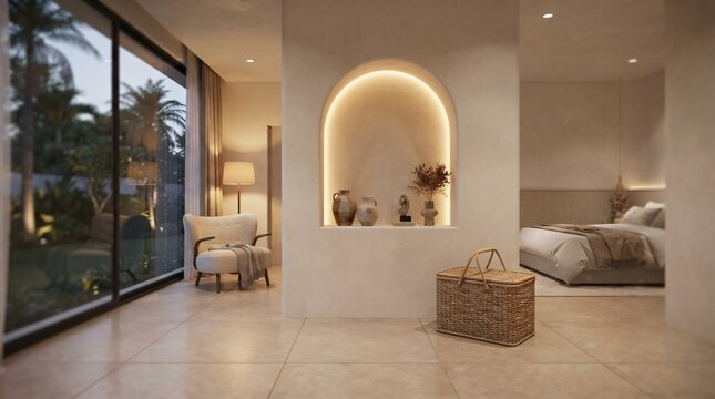 Serene bedroom interior with arched niche and warm lighting.